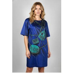 Moschino couture Milano, Blue T-Shirt Dress with Purse print images, Size US 4